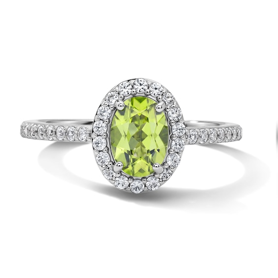Oval Peridot and White Lab-Created Sapphire Frame Ring in Sterling Silver