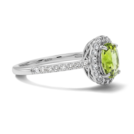 Oval Peridot and White Lab-Created Sapphire Frame Ring in Sterling Silver