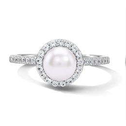 Freshwater Cultured Pearl and White Lab-Created Sapphire Frame Ring in Sterling Silver
