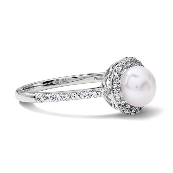 Freshwater Cultured Pearl and White Lab-Created Sapphire Frame Ring in Sterling Silver