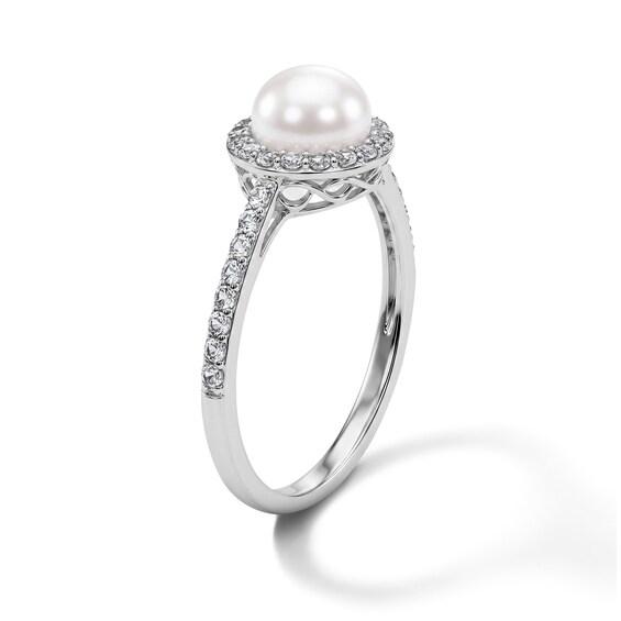 Freshwater Cultured Pearl and White Lab-Created Sapphire Frame Ring in Sterling Silver
