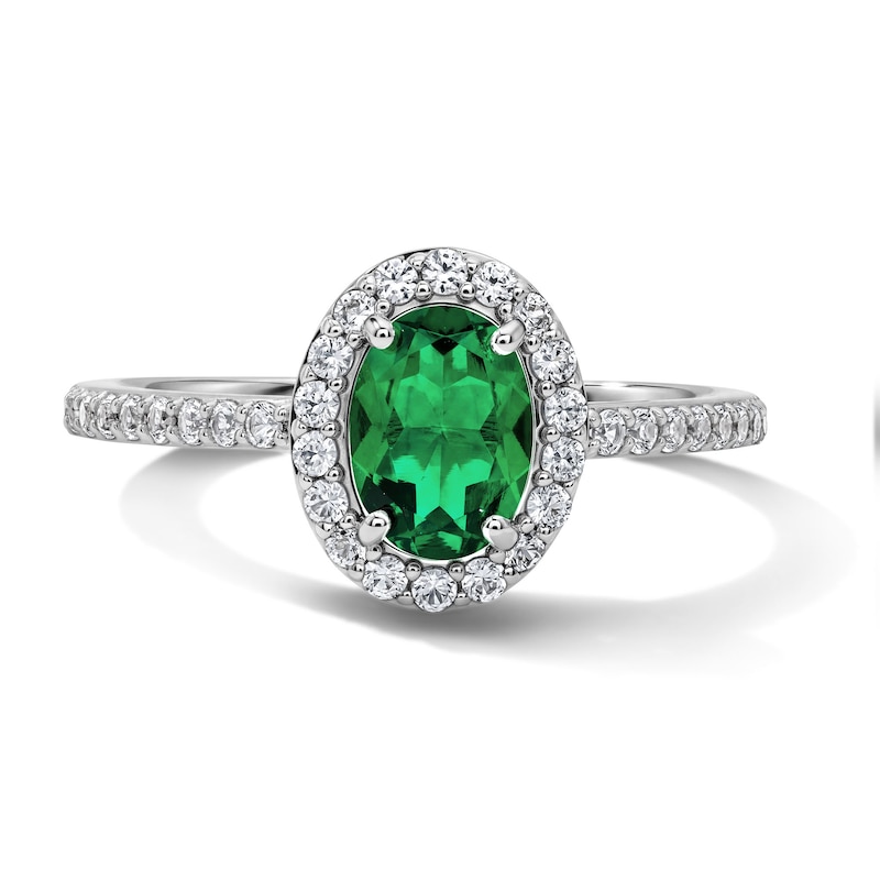 Main Image 1 of Oval Lab-Created Emerald and White Lab-Created Sapphire Frame Ring in Sterling Silver