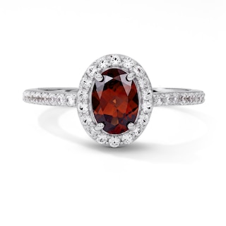 Oval Garnet and White Lab-Created Sapphire Frame Ring in Sterling Silver