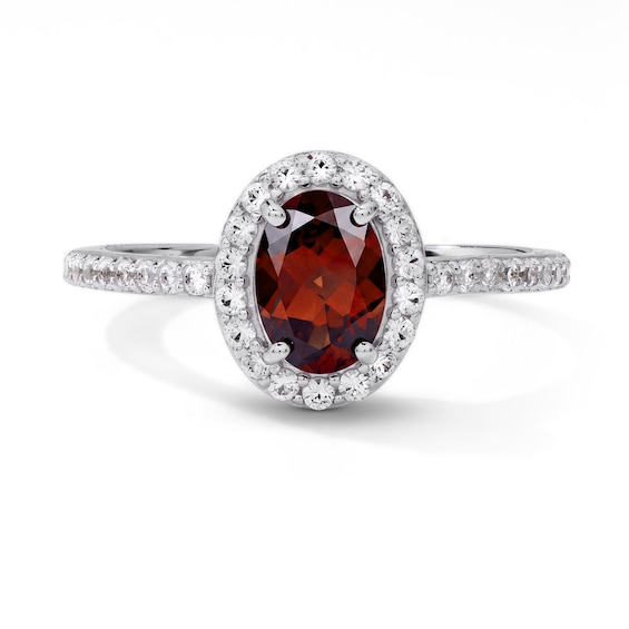 Oval Garnet and White Lab-Created Sapphire Frame Ring in Sterling Silver