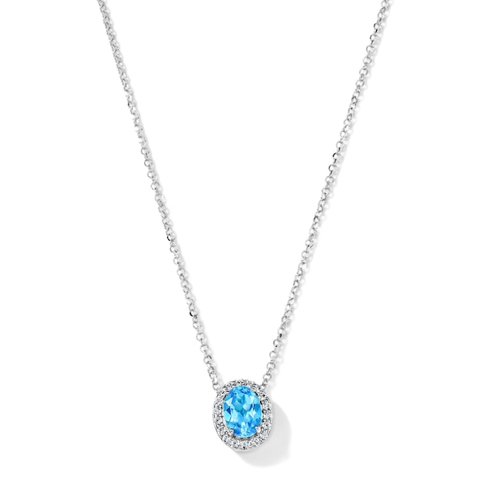 Oval Swiss Blue Topaz and White Lab-Created Sapphire Frame Necklace in Sterling Silver - 18"