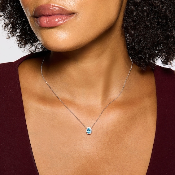 Oval Swiss Blue Topaz and White Lab-Created Sapphire Frame Necklace in Sterling Silver - 18"