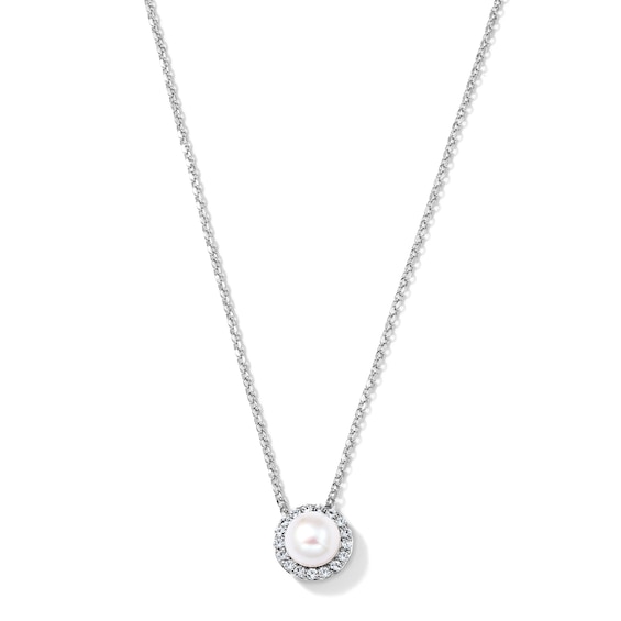 Freshwater Cultured Pearl and White Lab-Created Sapphire Frame Necklace in Sterling Silver - 18"