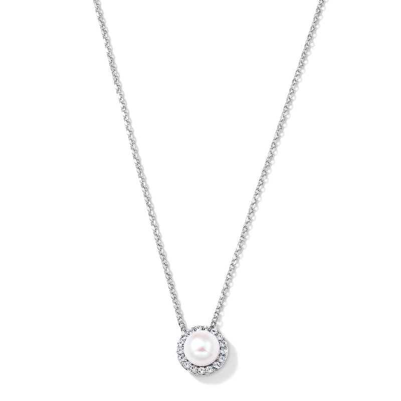Main Image 1 of Freshwater Cultured Pearl and White Lab-Created Sapphire Frame Necklace in Sterling Silver - 18"