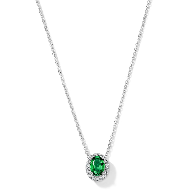 Main Image 1 of Oval Lab-Created Emerald and White Lab-Created Sapphire Frame Necklace in Sterling Silver - 18"
