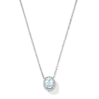 Oval Aquamarine and White Lab-Created Sapphire Frame Necklace in Sterling Silver - 18"