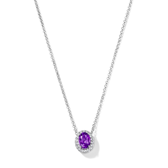 Oval Amethyst and White Lab-Created Sapphire Frame Necklace in Sterling Silver - 18"