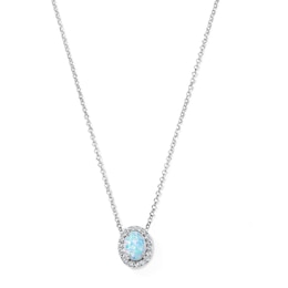 Oval Lab-Created Opal and White Lab-Created Sapphire Frame Necklace in Sterling Silver - 18"
