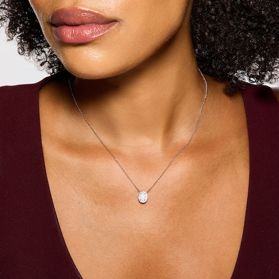 Oval Lab-Created Opal and White Lab-Created Sapphire Frame Necklace in Sterling Silver - 18"