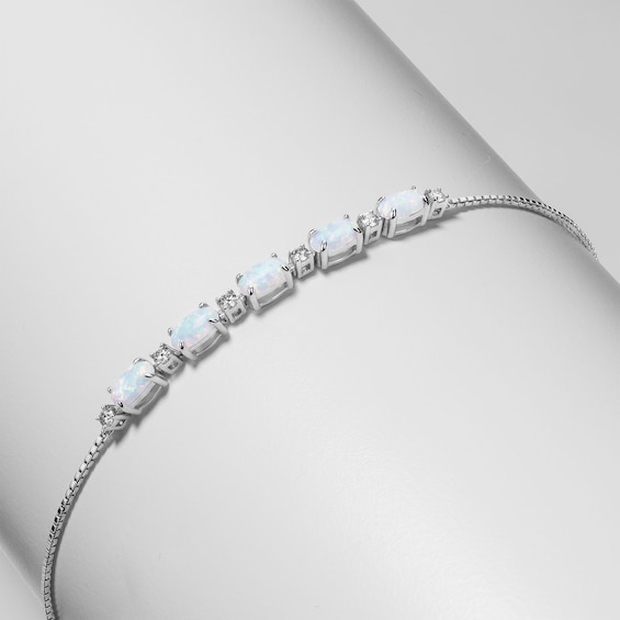 Oval Lab-Created Opal and White Lab-Created Sapphire Adjustable Bracelet in Sterling Silver - 9"