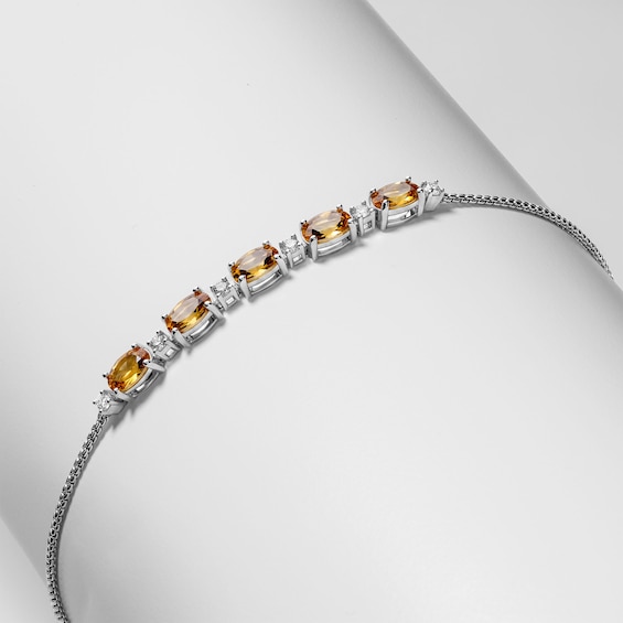 Oval Citrine and White Lab-Created Sapphire Adjustable Bracelet in Sterling Silver - 9"
