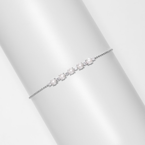 Freshwater Cultured Pearl and White Lab-Created Sapphire Adjustable Bracelet in Sterling Silver - 9"