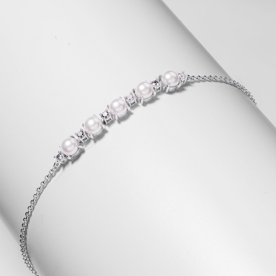 Freshwater Cultured Pearl and White Lab-Created Sapphire Adjustable Bracelet in Sterling Silver - 9"