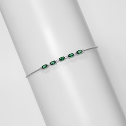 Oval Lab-Created Emerald and White Lab-Created Sapphire Adjustable Bracelet in Sterling Silver - 9"