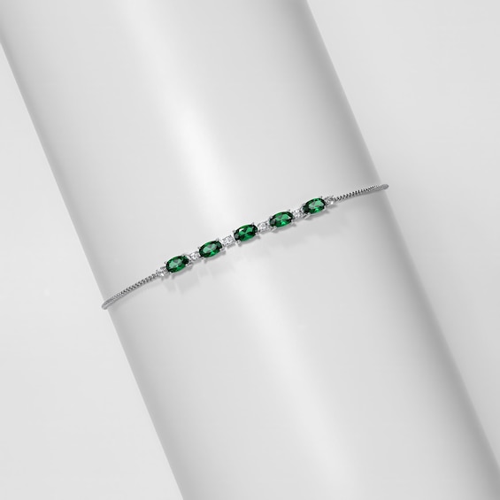 Oval Lab-Created Emerald and White Lab-Created Sapphire Adjustable Bracelet in Sterling Silver - 9"