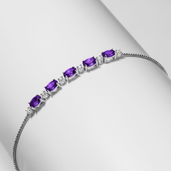 Oval Amethyst and Lab-Created Sapphire Adjustable Bracelet in Sterling Silver
