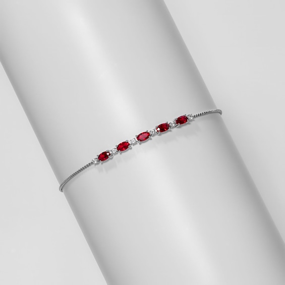 Oval Lab-Created Ruby and White Lab-Created Sapphire Adjustable Bracelet in Sterling Silver - 9"