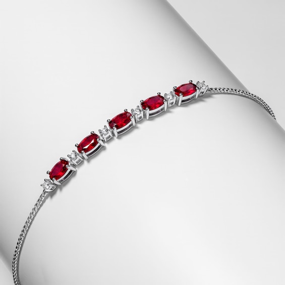 Oval Lab-Created Ruby and White Lab-Created Sapphire Adjustable Bracelet in Sterling Silver - 9"