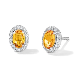 Oval Citrine and White Lab-Created Sapphire Frame Stud Earrings in Sterling Silver
