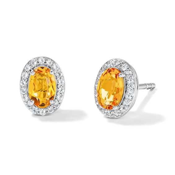 Oval Citrine and White Lab-Created Sapphire Frame Stud Earrings in Sterling Silver