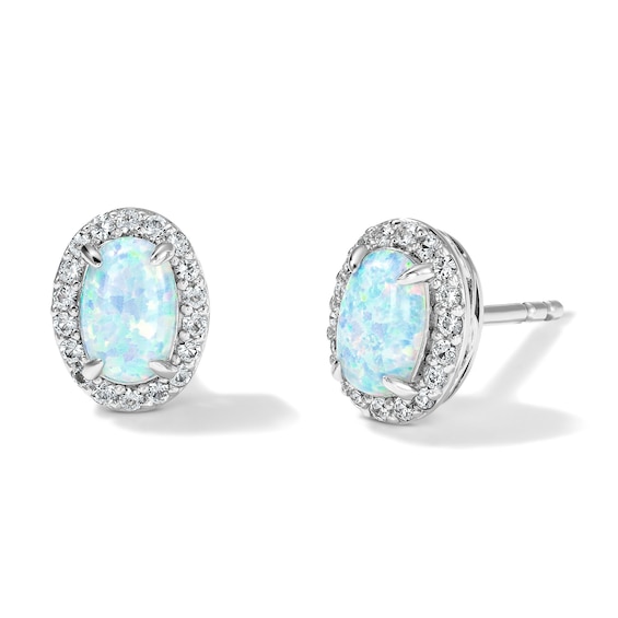 Oval Lab-Created Opal and White Lab-Created Sapphire Frame Stud Earrings in Sterling Silver