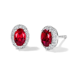 Oval Lab-Created Ruby and White Lab-Created Sapphire Frame Stud Earrings in Sterling Silver
