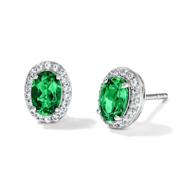 Oval Lab-Created Emerald and White Lab-Created Sapphire Frame Stud Earrings in Sterling Silver