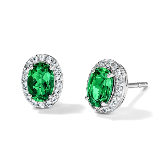 Oval Lab-Created Emerald and White Lab-Created Sapphire Frame Stud Earrings in Sterling Silver