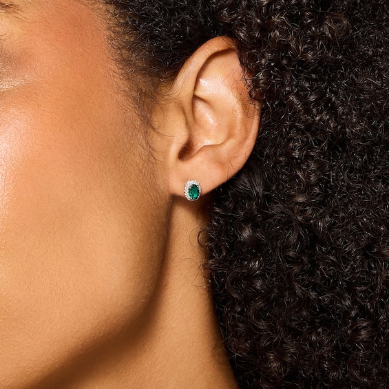 Oval Lab-Created Emerald and White Lab-Created Sapphire Frame Stud Earrings in Sterling Silver