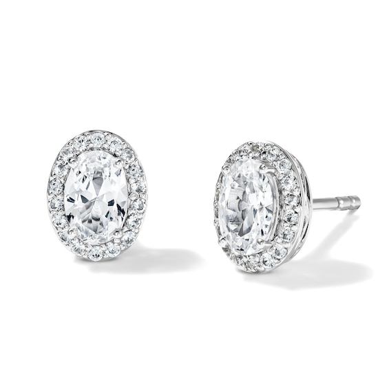 Oval White Lab-Created Sapphire Frame Stud Earrings in Sterling Silver