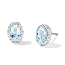 Oval Aquamarine and White Lab-Created Sapphire Frame Studs Earrings in Sterling Silver