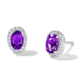 Oval Amethyst and White Lab-Created Sapphire Frame Stud Earrings in Sterling Silver