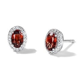 Oval Garnet and White Lab-Created Sapphire Frame Stud Earrings in Sterling Silver