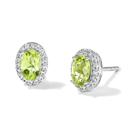 Oval Peridot and White Lab-Created Sapphire Frame Stud Earrings in Sterling Silver