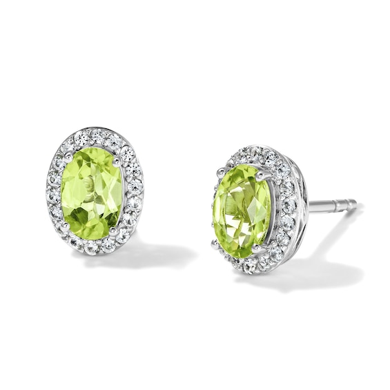 Oval Peridot and White Lab-Created Sapphire Frame Stud Earrings in Sterling Silver