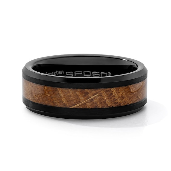 8.0mm Engravable Wood Inlay Wedding Band in Tungsten with Black Ion Plate