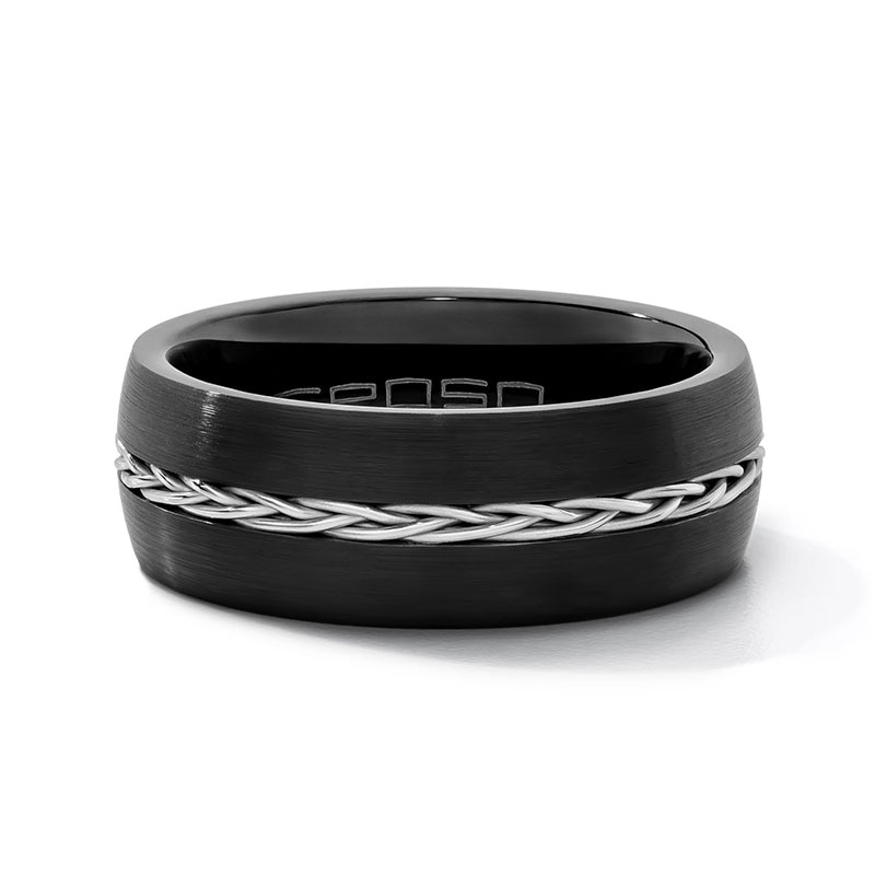 Main Image 1 of 8.0mm Engravable Braid Wedding Band in Stainless Steel and Black Ion-Plated Tungsten