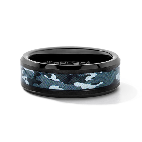 8.0mm Engravable Camo Stripe Wedding Band in Tungsten with Black Ion Plate