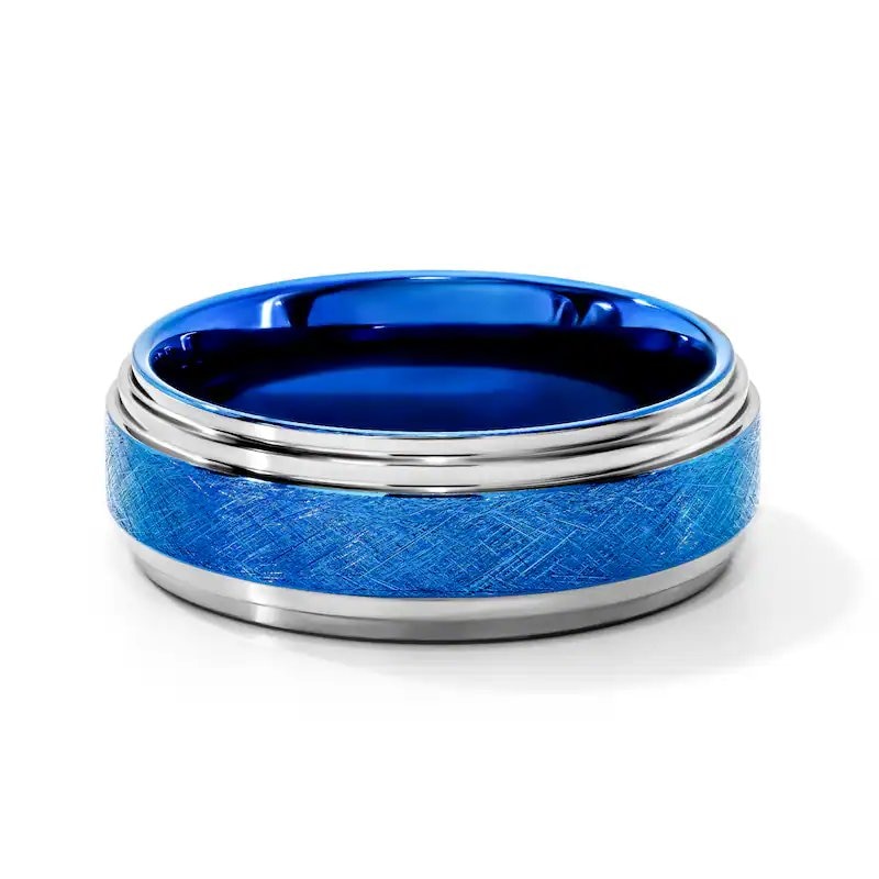 Main Image 1 of 8.0mm Engravable Wedding Band in Tungsten with Blue Ion Plate