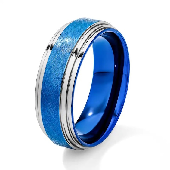 8.0mm Engravable Wedding Band in Tungsten with Blue Ion Plate