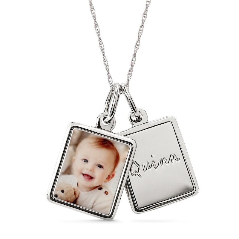 Main Image 1 of Photo and Name Engravable Double Charm Necklace in Sterling Silver - 18"