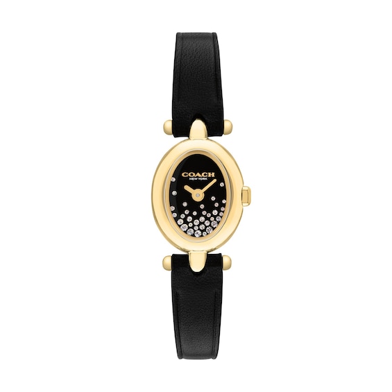 Ladies' Coach Sammy Crystal Accent Gold-Tone IP Stainless Steel Watch with Black Dial and Leather Strap (14504739)