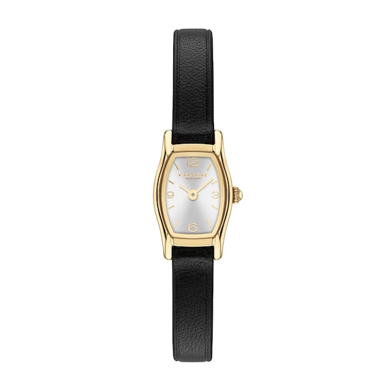 Ladies' Coach Greta Gold-Tone IP Stainless Steel Watch with Silver-Tone Dial and Black Leather Strap (Model: 14504719)