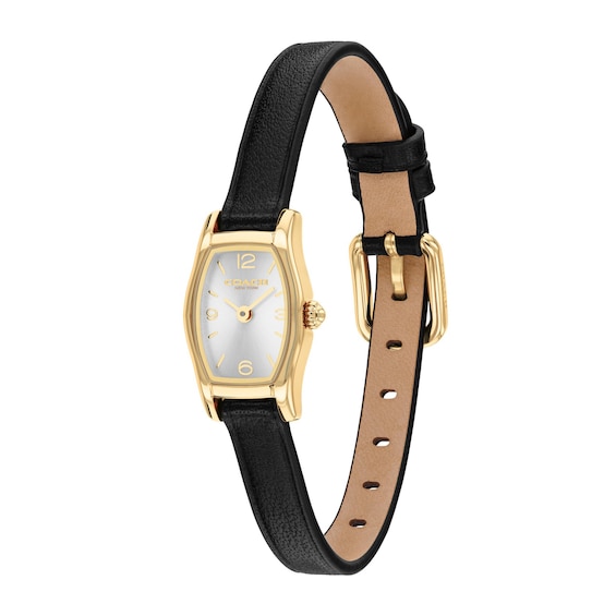 Ladies' Coach Greta Gold-Tone IP Stainless Steel Watch with Silver-Tone Dial and Black Leather Strap (Model: 14504719)