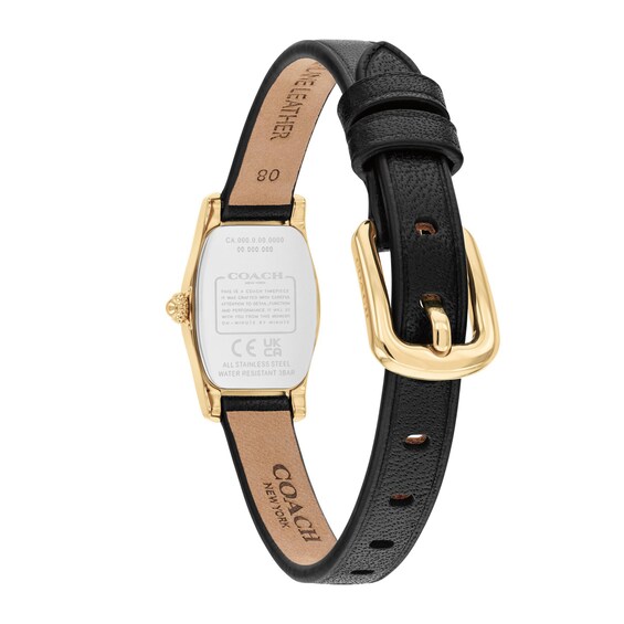 Ladies' Coach Greta Gold-Tone IP Stainless Steel Watch with Silver-Tone Dial and Black Leather Strap (Model: 14504719)