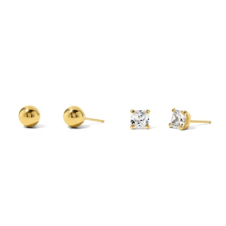 Princess-Cut Cubic Zirconia and 6.0mm Ball Stud Earrings Set in Hollow 10K Gold